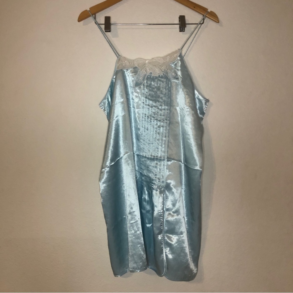 Apostrophe Light Blue Satin Slip Chemise with Lace Trim